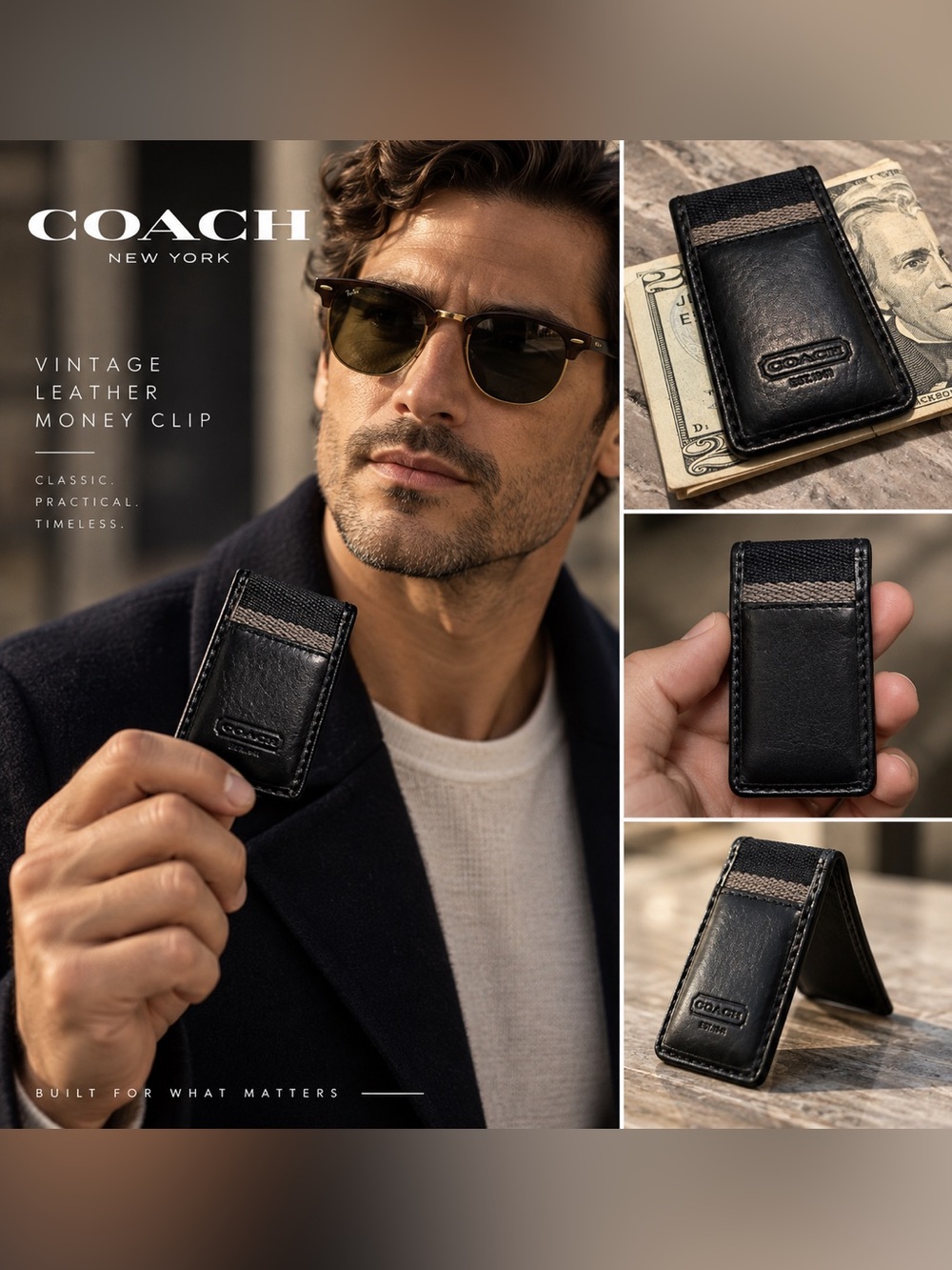 Coach Black Leather Money Clip with Signature Canvas Accent